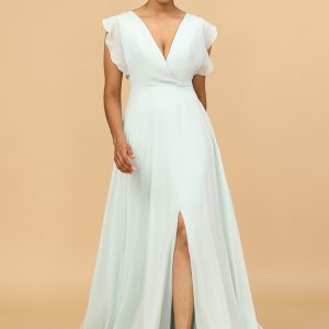 A Line V-Neck Floor Length Chiffon Bridesmaid Dress with Slit