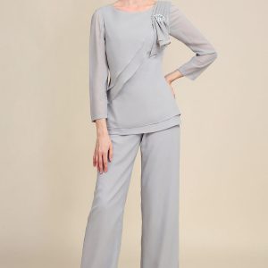 Elegant Grey Two-piece Chiffon Mother of The Bride Pant Suit
