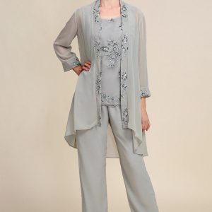 Elegant Appliques 3 Pieces Chiffon Mother of The Bride Jumpsuit with Wrap
