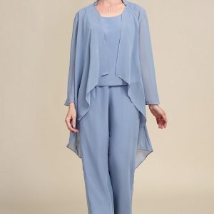 Grey Blue Elegant 3-piece Chiffon Mother of The Bride With Wrap