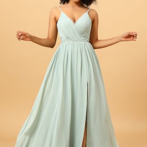 Light Green Ruched Long Chiffon Bridesmaid Dress with Slit