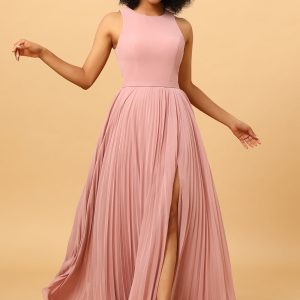 Dusty Rose A Line High Neck Pleated Long Chiffon Bridesmaid Dress