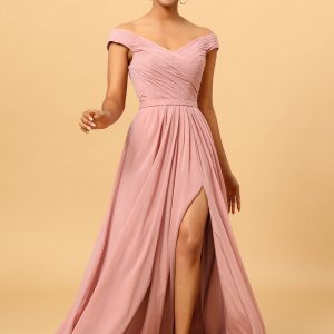 Dusty Rose Ruched Long Chiffon Bridesmaid Dress with Slit
