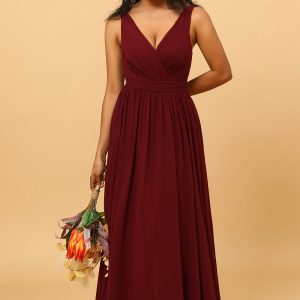 Cabernet A Line V Neck Pleated Floor Length Long Chiffon Bridesmaid Dress