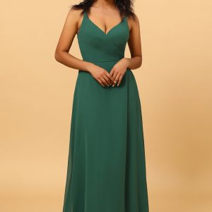 Dark Green A Line V Neck Floor Length Long Chiffon Bridesmaid Dress