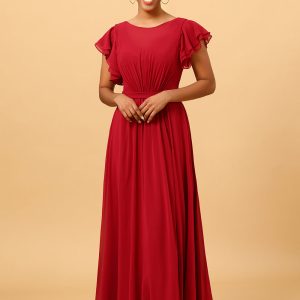 Burgundy Ruched Long Chiffon Bridesmaid Dress with Ruffles