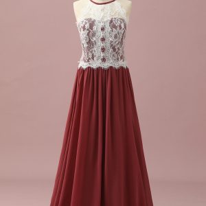 Burgundy A-Line Halter Floor Length Junior Bridesmaid Dress With Floral Lace