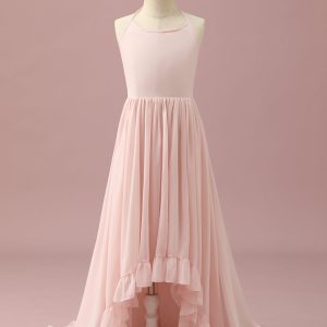 Blush Pink Halter High Low Chiffon Junior Bridesmaid Dress