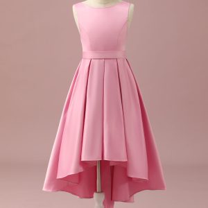 Pink High Low Round Neck Satin Junior Bridesmaid Dress