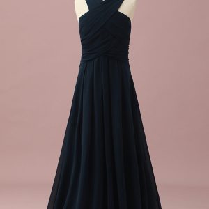 Dark Navy A-Line Halter Floor Length Chiffon Junior Bridesmaid Dress