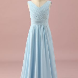 Sky Blue A Line V-Neck Floor Length Chiffon Junior Bridesmaid Dress