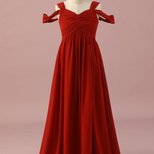 Red A Line Cold Shoulder Floor Length Chiffon Junior Bridesmaid Dress