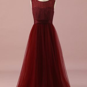 Burgundy A-Line V Neck Floor Length Chiffon Junior Bridesmaid Dress