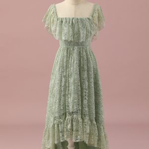 Green High Low Square Neck Asymmetrical Lace Junior Bridesmaid Dress