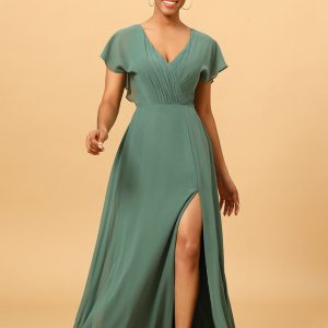 Eucalyptus A Line V-Neck Ruched Long Chiffon Bridesmaid Dress with Slit