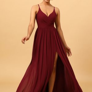 Burgundy A-Line Spaghetti Straps Ruched Long Chiffon Bridesmaid Dress with Slit