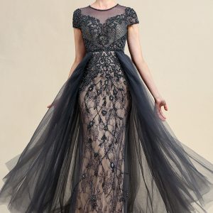 Dark Grey A Line Tulle Beaded Glitter Mother of Bride Dress