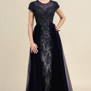 Navy A Line Tulle Beaded Glitter Mother of Bride Dress