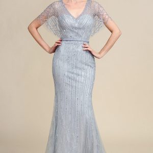 Grey Mermaid Beading V-neck Glitter Mother of Bride Dress