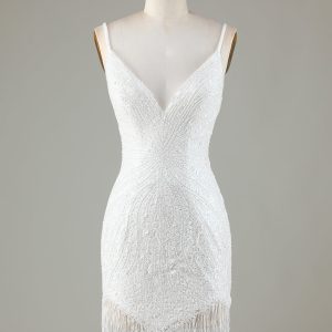 Sparkly White Bodycon Lace-Up Back Beaded Short Homecoming Dress with Tassel