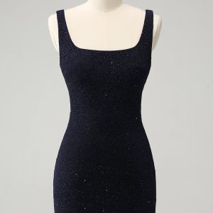 Chic Dark Blue Bodycon Square Neck Short Homecoming Dress with Slit