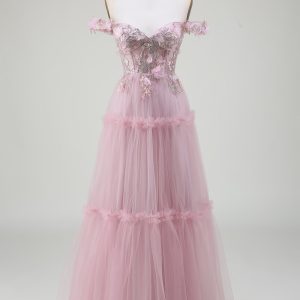 Blush A-Line Off the Shoulder Tulle Long Prom Dress with Appliques