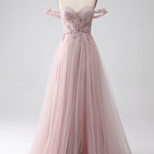 Blush A Line Off the Shoulder Sequin Beaded Corset Prom Dress with Slit