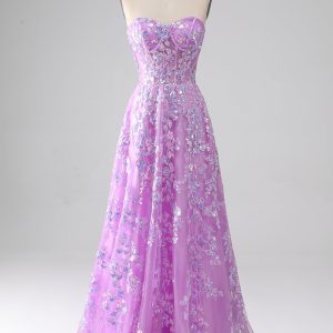 Purple A-Line Strapless Corset Long Prom Dress with Appliques