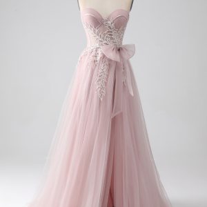 Sparkly Blush A-Line Sweetheart Strapless Bow Tulle Prom Dress with Slit