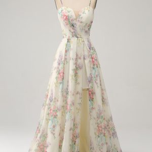 Ivory A-Line Spaghetti Straps Flower Printed Prom Dress with Slit