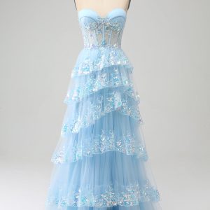 Light Blue Princess A Line Sweetheart Tiered Sequin Tulle Prom Dress With Slit