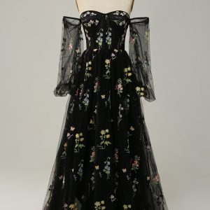 Black A-Line Off The Shoulder Prom Dress with Embroidery