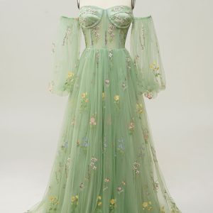 Green A-Line Off The Shoulder Floor Length Dress With Embroidery