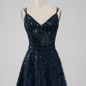 Sparkly Navy A Line Spaghetti Straps Sequins Short Homecoming Dress