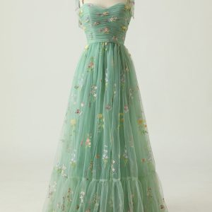 Green Tulle A Line Spaghetti Straps Floral Long Prom Dress With Embroidery