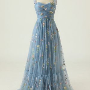 Grey Blue A-Line Spaghetti Straps Tulle Floral Long Prom Dress With Embroidery