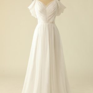 White A Line  Off the Shoulder Tulle Floor-Length Wedding Dress