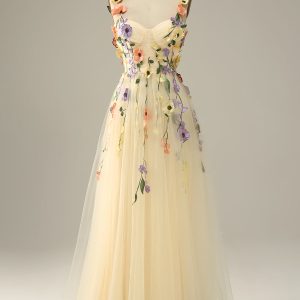 Champagne A Line Spaghetti Straps Tulle Formal Dress With 3D Flowers