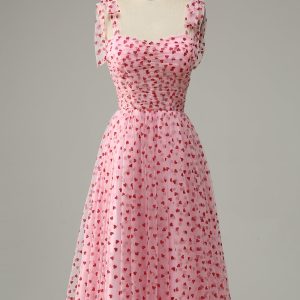 Pink A-line Square Neck Tulle Midi Dress with Hearts