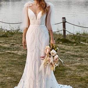 Ivory Mermaid Sweep Train Lace Boho Wedding Dress With Bowknots