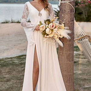 Ivory A-Line Trumpet V-Neck Sweep Train Lace Chiffon Boho Wedding Dress