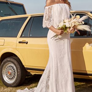 Ivory Mermaid Off The Shoulder Lace Boho Wedding Dress With Sweep Train