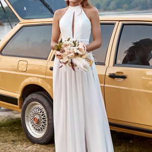 Ivory A-Line Halter Floor Length Lace Chiffon  Boho Wedding Dress With Slit
