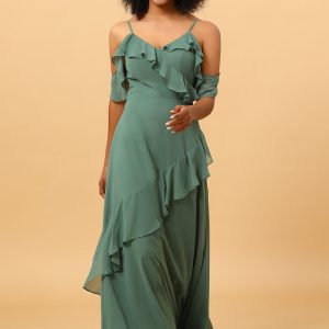 Eucalyptus Spaghetti Straps Long Chiffon Bridesmaid Dress with Ruffles
