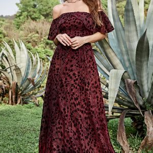 Burgundy Flower A Line Off The Shoulder Burnout Velvet Floor-Length Bridesmaid Dress