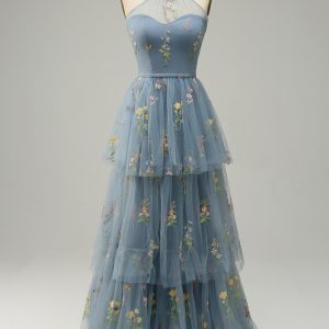 Grey Blue  A Line Halter Floor Length Tulle Formal Dress with Embroidery