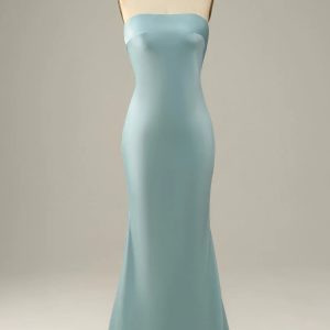 Grey Blue Mermaid Strapless Floor Length Satin Bridesmaid Dress