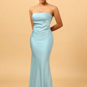 Sky Blue Mermaid Strapless Floor Length Satin Bridesmaid Dress with Open Back