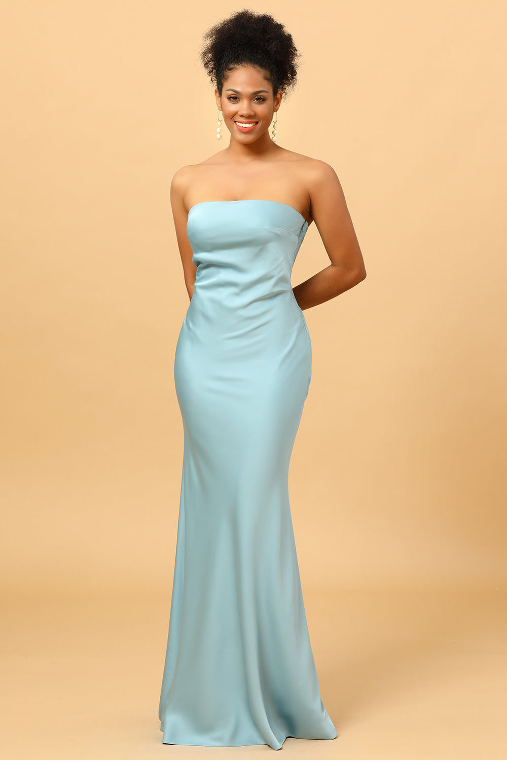 strapless mermaid bridesmaid dress Sky Blue Floor Length Satin with Open Back Sizes:34 ensuring you captivate everyone’s Laurina Charming Long A-line Beautiful