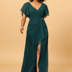 Pine V Neck Short Sleeves Long Chiffon Bridesmaid Dress